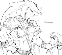 Rule 34 | 2boys, commentary, greyscale, hand on another&#039;s shoulder, height difference, link, looking up, male focus, monochrome, monochrome, multiple boys, muscular, nintendo, pointy ears, ponytail, sidon, size difference, sparkle, sweatdrop, the legend of zelda, the legend of zelda: breath of the wild, twitter username, zerusagi, zora
