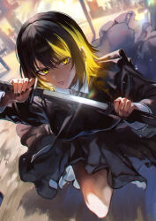 Rule 34 | 1girl, angry, backlighting, black hair, black nails, blonde hair, breasts, commentary request, drawing sword, dynamic pose, earrings, highres, holding, holding sheath, holding sword, holding weapon, idolmaster, idolmaster shiny colors, ikaruga luca, jewelry, katana, light particles, looking at viewer, medium breasts, multicolored hair, nail polish, open mouth, otsudou, outdoors, sheath, short hair, solo, streaked hair, sword, two-tone hair, weapon, yellow eyes