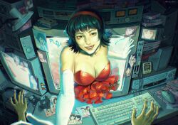 Rule 34 | 1girl, bare shoulders, black eyes, black hair, breasts, cable, cassette player, cassette tape, character print, cleavage, computer, computer tower, crt, desk, dress, elbow gloves, fisheye, floppy disk, frilled dress, frills, gloves, grin, hairband, highres, indoors, jvc, keyboard (computer), kirigoe mima, kotsu chan, lamp, looking at viewer, medium breasts, mouse (computer), out of frame, perfect blue, photo (object), realistic, red dress, red hairband, scenery, screen, short hair, signature, smile, solo focus, sparkle, speaker, through medium, through screen, twitter username, upper body, videocassette, white gloves