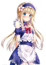 Rule 34 | 1other, :&lt;, androgynous, apron, arm behind back, blonde hair, blue eyes, blush, chevalier d&#039;eon (fate), closed mouth, cowboy shot, fate/grand order, fate (series), frilled apron, frilled sleeves, frills, gender request, green eyes, hand on own chest, headdress, highres, long hair, looking at viewer, maid, nonono (nononotea), official alternate costume, puffy short sleeves, puffy sleeves, short sleeves, sidelocks, simple background, solo, waist apron, white background