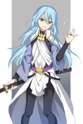 Rule 34 | 1other, black pants, blue hair, cape, colored eyelashes, floating hair, grin, hair between eyes, holding, holding sheath, long hair, long sleeves, looking at viewer, pants, rimuru tempest, sheath, sheathed, shoura, smile, solo, standing, straight hair, tensei shitara slime datta ken, very long hair, white cape, yellow eyes