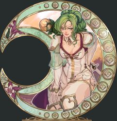 Rule 34 | 1girl, absurdres, breasts, circlet, cleavage, dress, elbow gloves, fire emblem, fire emblem: the sacred stones, gloves, green eyes, hand on own leg, highres, holding, holding staff, iaurencin, jewelry, knee up, l&#039;arachel (fire emblem), lips, looking at viewer, medium breasts, multi-tied hair, nintendo, parted hair, pendant, see-through, see-through sleeves, smile, solo, staff, v-shaped eyebrows, white dress, white gloves