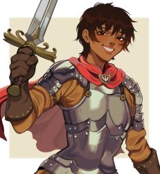 Rule 34 | 1girl, absurdres, armor, berserk, brooch, brown eyes, brown gloves, brown hair, cape, casca (berserk), cuirass, gloves, grin, happy, highres, holding, holding sword, holding weapon, jewelry, plate armor, porqueloin, red cape, short hair, simple background, smile, solo, sword, teeth, tomboy, upper body, weapon, white background