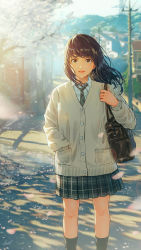 Rule 34 | 1girl, bag, black hair, black skirt, black socks, blouse, blurry, blurry background, brown eyes, cardigan, cherry blossoms, cherry tree, commentary, day, hand in pocket, highres, hill, looking at viewer, open mouth, original, outdoors, plaid, plaid skirt, pleated skirt, power lines, road, school bag, school uniform, shirt, skirt, smile, socks, solo, standing, street, sugi87, tree, utility pole, vanishing point, white shirt