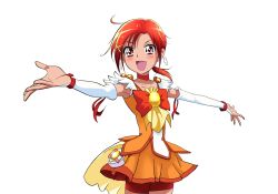 Rule 34 | 10s, 1girl, :d, armpits, bike shorts, bike shorts under skirt, bow, bowtie, brooch, choker, cure sunny, dress, hair ornament, hairclip, hino akane (smile precure!), jewelry, magical girl, open mouth, orange bow, orange bowtie, orange dress, orange skirt, orange theme, outstretched arms, ponsuke (iso fura bon), precure, red eyes, red hair, red shorts, short hair, shorts, shorts under skirt, simple background, skirt, smile, smile precure!, solo, spread arms, white background