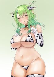 Rule 34 | 1girl, :p, absurdres, animal ears, animal print, antlers, bare shoulders, bell, bikini, black choker, branch, breasts, ceres fauna, choker, covered erect nipples, cow ears, cow print, cow print bikini, cowbell, curvy, elbow gloves, flower, gloves, gradient background, green background, green hair, hair flower, hair ornament, highres, hololive, hololive english, horns, large breasts, leaf, long hair, looking at viewer, micro bikini, navel, neck bell, noodringo, print bikini, print gloves, skindentation, solo, stomach, strap gap, swimsuit, thighhighs, thighs, tongue, tongue out, virtual youtuber, wavy hair, wide hips, yellow background, yellow eyes