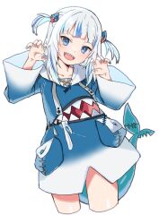 Rule 34 | 1girl, :d, absurdres, blue eyes, blue hair, blue hoodie, blue nails, blunt bangs, claw pose, commentary, cropped legs, drawstring, fingernails, fins, fish tail, gawr gura, gawr gura (1st costume), hair ornament, hands up, highres, hololive, hololive english, hood, hoodie, k einosuke, light blush, long hair, long sleeves, looking at viewer, multicolored hair, nail polish, open mouth, shark girl, shark hair ornament, shark print, shark tail, sharp teeth, sidelocks, simple background, smile, solo, streaked hair, tail, teeth, two side up, virtual youtuber, white background, white hair, wide sleeves