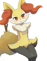 Rule 34 | 1girl, :&gt;, absurdres, animal ear fluff, animal ears, animal nose, arms behind back, black fur, blush, body fur, braixen, closed mouth, creatures (company), female focus, flat chest, fox ears, fox girl, fox tail, furry, furry female, game freak, gen 6 pokemon, happy, highres, invisible chair, legs together, looking at viewer, mochizuki reiji, multicolored fur, neck fur, nintendo, pokemon, pokemon (creature), red eyes, simple background, sitting, smile, solo, stick, tail, thighs, white background, white fur, yellow fur