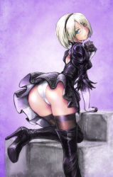 Rule 34 | 1girl, artist name, ass, back, black dress, black footwear, black gloves, black hairband, black ribbon, black thighhighs, blindfold, unworn blindfold, blue eyes, bob cut, boots, breasts, broadsword, brown thighhighs, building, chain, city, cleavage cutout, closed mouth, clothing cutout, cowboy shot, day, deviantart username, dress, eyes visible through hair, feather-trimmed sleeves, feather trim, from below, from side, full body, gloves, greatsword, hair between eyes, hairband, half-closed eyes, hands up, high heel boots, high heels, highres, holding, holding sword, holding weapon, huge weapon, juliet sleeves, katana, leg up, long sleeves, medium breasts, midair, nier:automata, nier (series), outdoors, panties, pantyshot, patterned clothing, pink lips, post-apocalypse, print dress, profile, puffy sleeves, ribbon, ruins, short dress, short hair, side slit, signature, silver hair, sky, solo, standing, stdl, sword, tassel, thigh boots, thighhighs, thighhighs under boots, turtleneck, underwear, upskirt, vambraces, watermark, weapon, weapon on back, web address, white panties, wind, wind lift, 2b (nier:automata)