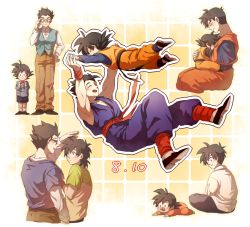 Rule 34 | 2boys, age progression, aged down, aged up, amputee, baby, black eyes, black hair, blush, bow, bowtie, brothers, child, dated, dragon ball, dragonball z, full body, glasses, hug, male focus, multiple boys, siblings, son gohan, son goten