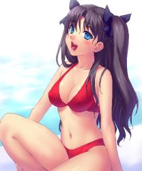 Rule 34 | 00s, 1girl, :d, bikini, black hair, blue eyes, blush, breasts, cleavage, fate/stay night, fate (series), long hair, navel, oekaki, official alternate costume, open mouth, red bikini, sitting, smile, solo, swimsuit, tohsaka rin, twintails, two side up, zen