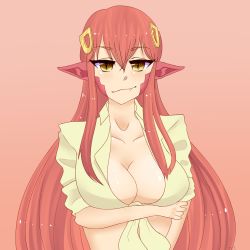 Rule 34 | 1girl, blush, breasts, cleavage, closed mouth, collarbone, cyanstorm, fang, female focus, green shirt, hair ornament, hairclip, hand up, happy, heart, heart in eye, highres, lamia, large breasts, light blush, long hair, looking at viewer, miia (monster musume), monster girl, monster musume no iru nichijou, pointy ears, red background, red hair, scales, shiny skin, shirt, short sleeves, simple background, slit pupils, smile, solo, symbol in eye, tied shirt, upper body, yellow eyes