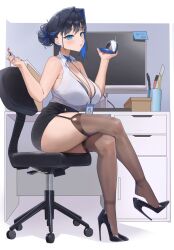 Rule 34 | 1girl, alternate costume, applying makeup, archinoer, bare shoulders, black bra, black footwear, black skirt, blue choker, blue eyes, blue hair, blue nails, bow, bow earrings, box, bra, bra visible through clothes, breasts, chair, choker, cleavage, collared shirt, commentary, compact (cosmetics), cosmetics, crossed legs, cubicle, desk, drawer, earrings, english commentary, garter straps, hair bun, hair intakes, hand mirror, high heels, highres, holding, holding mirror, hololive, hololive english, id card, jewelry, computer keyboard, lanyard, large breasts, lipstick tube, looking at viewer, miniskirt, mirror, monitor, multicolored hair, office chair, office lady, ouro kronii, pen, pen holder, shirt, sitting, skirt, sleeveless, sleeveless shirt, solo, sticky note, streaked hair, swivel chair, thighhighs, underwear, virtual youtuber, white shirt