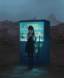 Rule 34 | 1girl, aoi ogata, artist name, backpack, bag, black dress, black footwear, black hair, black pantyhose, blue sky, clip studio paint (medium), collared shirt, commentary, day, dress, drinking straw, english commentary, highres, holding, katana, long sleeves, looking at viewer, original, outdoors, pantyhose, sheath, sheathed, shirt, shoes, sky, sleeveless, sleeveless dress, solo, standing, sword, twintails, vending machine, weapon, white shirt