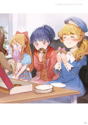 Rule 34 | 2034, 4girls, arisu shirayuki, blonde hair, blue dress, blue eyes, blue hair, blue hat, bow, brown hair, chewing, closed eyes, closed mouth, doughnut, dress, eating, ekao, food, food bite, food on face, freckles, futagawa mimi, hair bow, hat, highres, hoshigaki manon, indoors, jacket, leaf, long hair, long sleeves, multiple girls, open clothes, open jacket, pastry box, pink jacket, plant, plate, red eyes, shirayuki arisu, short hair, short sleeves, stuffed animal, stuffed toy, table, tasha romanovsky, teddy bear, text focus, textplate, tokyo 7th sisters, window, wiping mouth