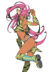 Rule 34 | 1girl, akishima kei, animal ears, animal print, arm up, armlet, ass, bare shoulders, boots, breasts, cat ears, chain, crop top, cropped legs, dark-skinned female, dark skin, fantasy, from side, hair between eyes, half updo, kushizaki mayo, loincloth, long hair, looking at viewer, midriff, one eye closed, original, ponytail, purple hair, shirt, simple background, sleeveless, sleeveless shirt, solo, standing, standing on one leg, tiger print, very long hair, white background, wink