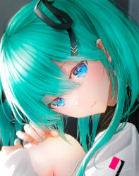 Rule 34 | 1girl, absurdres, aqua hair, aqua nails, black ribbon, blue eyes, blurry, blurry background, commentary, hair between eyes, hair ribbon, hand on own knee, hatsune miku, head tilt, highres, long hair, looking at viewer, nail polish, ojay tkym, original, ribbon, signature, solo, symbol-only commentary, twintails, vocaloid