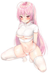 Rule 34 | 1girl, absurdres, ahoge, arms behind back, bad id, bad pixiv id, blush, breasts, full body, highres, large breasts, lillly, long hair, looking at viewer, original, panties, pink hair, red eyes, short sleeves, simple background, solo, squatting, thighhighs, thighs, underboob, underwear, white background, white panties, white thighhighs