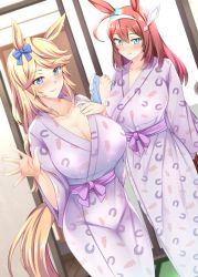 Rule 34 | 2girls, absurdres, animal ears, blonde hair, blue eyes, blush, breasts, brown hair, cleavage, gold city (umamusume), highres, horse ears, horse tail, huge breasts, japanese clothes, kimono, large breasts, long hair, looking at viewer, mihono bourbon (umamusume), multiple girls, smile, standing, tail, umamusume