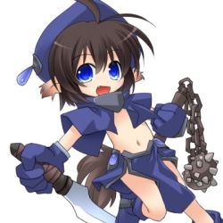 Rule 34 | 1girl, animal ears, blue eyes, brown hair, female focus, gloves, hat, kso, looking at viewer, lowres, navel, open mouth, original, short hair, simple background, smile, solo, tail, weapon, white background
