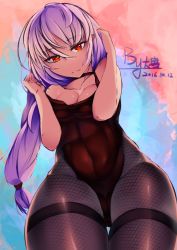 Rule 34 | 1girl, absurdres, bare shoulders, black pantyhose, breasts, cleavage, dashou (jdw1994), female focus, fishnets, from below, highres, leotard, long hair, looking at viewer, original, pantyhose, purple hair, red eyes, solo, standing, thick thighs, thigh gap, thighs, wide hips