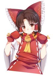 Rule 34 | 1girl, benikurage (cookie), blush, bow, brown eyes, brown hair, cookie (touhou), detached sleeves, gloves, hair bow, hair tubes, hakurei reimu, head tilt, highres, looking at viewer, medium hair, mittens, momendoufu, parted lips, red bow, red gloves, ribbon-trimmed sleeves, ribbon trim, scarf, sidelocks, solo, striped clothes, striped scarf, touhou, transparent background, upper body, wide sleeves, yellow neckwear