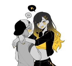 Rule 34 | 2girls, :d, ?, ??, arms around neck, azusawa kohane, backwards hat, black hair, black jacket, black shorts, blonde hair, bumgae, commentary request, crop top, cropped jacket, earrings, fang, gradient hair, greyscale, grin, hair ornament, hairclip, hat, headphones, heart, highres, jacket, jewelry, korean commentary, monochrome, multicolored hair, multiple girls, nail polish, open mouth, project sekai, shiraishi an, shirt, short twintails, shorts, simple background, smile, speech bubble, spoken heart, spoken question mark, spot color, star (symbol), star earrings, star hair ornament, sweatdrop, traffic jam (vocaloid), twintails, upper body, vocaloid, white background, yellow blush, yellow eyes, yellow nails, yellow shirt, yuri