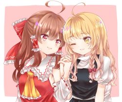 Rule 34 | 2girls, ahoge, ascot, blonde hair, blouse, blush, bow, braid, breasts, brown hair, chibana sora, commentary, detached sleeves, eye contact, eyebrows, frilled ascot, frilled ribbon, frilled shirt collar, frills, hair bow, hair ribbon, hair tubes, hakurei reimu, holding hands, interlocked fingers, kirisame marisa, large bow, long hair, looking at another, multiple girls, one eye closed, pink background, puffy short sleeves, puffy sleeves, red eyes, ribbon, ribbon-trimmed sleeves, ribbon trim, sash, shirt, short sleeves, side-by-side, side braid, single braid, skirt, skirt set, small breasts, straight hair, touhou, tress ribbon, vest, wavy hair, yellow ascot, yellow eyes, yuri
