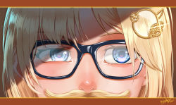 Rule 34 | 1girl, bespectacled, blue eyes, close-up, eye focus, fake facial hair, fake mustache, glasses, hair ornament, highres, hololive, hololive english, kikino, nose, portrait, shaded face, solo, virtual youtuber, watson amelia
