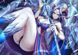 Rule 34 | 1girl, arm cuffs, bad id, bad pixiv id, black panties, blue eyes, blue hair, bracelet, breasts, cleavage, crossed legs, cruel frozen hell demon indigo, female focus, holding, holding weapon, horns, ice, indigo (p&amp;d), jewelry, large breasts, long hair, looking at viewer, matching hair/eyes, monster girl, necklace, panties, parted bangs, pointy ears, puuzaki puuna, puzzle &amp; dragons, ring, ring necklace, sleeveless, smile, solo, underwear, wand, weapon, wings, wrist cuffs
