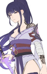 Rule 34 | 1girl, alternate hairstyle, arm tattoo, armor, asymmetrical bangs, bandaged arm, bandages, blunt bangs, breasts, bridal gauntlets, cleavage, closed mouth, collarbone, commentary, english commentary, expressionless, eyeliner, floccioes, from side, genshin impact, hair ornament, high ponytail, highres, holding, holding sword, holding weapon, japanese clothes, kimono, long hair, long sleeves, medium breasts, mole, mole under eye, obi, obiage, obijime, pelvic curtain, ponytail, purple eyes, purple hair, purple kimono, purple nails, raiden shogun, red eyeliner, sash, shoulder armor, shoulder tattoo, sidelocks, solo, sword, tattoo, thighhighs, weapon, wide sleeves