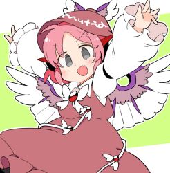 Rule 34 | 1girl, animal ears, arms up, bird ears, bird wings, blush, brown dress, brown hat, dress, fang, frilled dress, frilled sleeves, frills, grey eyes, hat, ini (inunabe00), long sleeves, mystia lorelei, open mouth, pink hair, short hair, skin fang, sleeve garter, smile, solo, touhou, white wings, wide sleeves, winged hat, wings