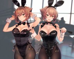 Rule 34 | 1girl, animal ears, black leotard, black pantyhose, black vest, blush, breasts, brown hair, cleavage, commentary request, cowboy shot, detached collar, fake animal ears, green eyes, grey background, hair between eyes, highres, holding, holding whip, kantai collection, kasumi (skchkko), large breasts, leotard, looking at viewer, multiple views, mutsu (kancolle), open mouth, pantyhose, parted lips, playboy bunny, rabbit ears, shiny clothes, short hair, simple background, smile, vest, whip, wrist cuffs