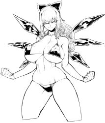 Rule 34 | 1girl, bikini, bow, breasts, cirno, cleavage, clenched hands, covered erect nipples, cropped legs, greyscale, hair bow, highres, huge breasts, ice, ice wings, long hair, micro bikini, monochrome, narrow waist, navel, aged up, ponytail, raised eyebrow, sideboob, skindentation, smile, solo, spacezin, squinting, standing, strap gap, swimsuit, thighs, touhou, underboob, wide hips, wings