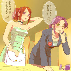 Rule 34 | 2girls, adjusting hair, applying makeup, arm behind head, arm support, armpits, bag, bare shoulders, bent over, blush, breasts, casual, choker, cleavage, cosmetics, dress, earrings, female focus, flower, formal, fukusuke hachi-gou, green eyes, hairband, jewelry, lipstick, lipstick tube, makeup, multiple girls, necklace, original, ponytail, purple eyes, purple hair, red hair, restroom, rose, short hair, smile, speech bubble, strapless, strapless dress, suit, text focus, translated