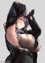 Rule 34 | 1girl, armpit cutout, armpits, arms up, bad id, bad pixiv id, black gloves, blush, breasts, checkered clothes, checkered necktie, checkered neckwear, clothing cutout, coat, covered erect nipples, eyepatch, from below, gloves, grey background, grin, hair over one eye, headgear, juurouta, kantai collection, large breasts, lips, long sleeves, looking at viewer, necktie, partially fingerless gloves, purple eyes, purple hair, simple background, smile, solo, tenryuu (kancolle), tenryuu kai ni (kancolle), twitter username, upper body, winter clothes, winter coat