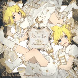 Rule 34 | 1boy, 1girl, animal ears, anniversary, blonde hair, blue eyes, blush, boots, bow, brother and sister, rabbit ears, character name, commentary request, crown hair ornament, from above, gloves, gold trim, hair bow, hair ornament, hairclip, highres, kagamine len, kagamine rin, looking at viewer, mikka620, puffy short sleeves, puffy sleeves, ribbon, rotational symmetry, scepter, short hair, short sleeves, siblings, smile, snowflakes, twins, vocaloid, white gloves