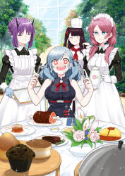 Rule 34 | 4girls, apron, arknights, asparagus, b.t. (boob tong), blue hair, blue poison (arknights), boned meat, cake, closed eyes, cup, cupcake, demon horns, drooling, food, fork, garden, girls&#039; frontline, gloves, greenhouse, hibiscus (arknights), highres, horns, ketchup, knife, maid, maid apron, maid headdress, meat, multiple girls, mustard, omelet, omurice, pasta, pink hair, plate, purple hair, sauce, shotgun shell, soup, spaghetti, spas-12 (girls&#039; frontline), spoon, steak, teacup, teapot, tray, tree, wa2000 (girls&#039; frontline)