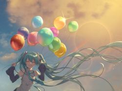 Rule 34 | 1girl, :d, absurdly long hair, arms up, asagao minoru, balloon, black sleeves, cloud, detached sleeves, closed eyes, floating hair, green hair, grey shirt, hatsune miku, highres, holding, holding balloon, huge filesize, lens flare, long hair, nail polish, necktie, number tattoo, open mouth, outdoors, rainbow, shirt, sky, sleeveless, sleeveless shirt, smile, solo, tattoo, twintails, upper body, very long hair, vocaloid