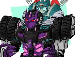 Rule 34 | 1boy, 1girl, bad id, blue eyes, carrying, decepticon, helmet, huh 3 huh, inactive account, mask, mecha, mechanical parts, nickel (transformers), red eyes, robot, shoulder carry, size difference, tarn, the transformers (idw), transformers