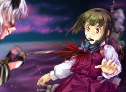 Rule 34 | 2girls, abyssal ship, blood, blood from mouth, blood on clothes, blood on face, blurry, bob cut, bow, bowtie, braid, brown eyes, commentary, dark persona, depth of field, dress, english commentary, flower, green hair, guro, hair flower, hair ornament, highres, holding, holding sword, holding weapon, kantai collection, long sleeves, looking at another, mast, melisaongmiqin, multiple girls, night, night sky, northampton (pacific), open mouth, pacific (kancolle), pinafore dress, purple dress, rigging, shirt, short hair, sidelocks, sky, sleeveless, sleeveless dress, smoke, smokestack, spoilers, stab, sword, takanami (kancolle), torpedo launcher, weapon, white hair, white shirt, wilted flower