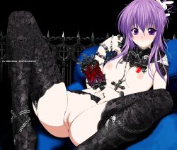 Rule 34 | 00s, 1girl, blush, bracelet, breasts, chain, chikage (sister princess), cross, female focus, goth fashion, jewelry, kusaka souji, legs, long hair, nipples, nude, pacifier, purple eyes, purple hair, pussy, ring, sister princess, solo, thighhighs, uncensored
