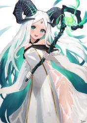Rule 34 | 1girl, absurdres, alchemy stars, aqua eyes, blush, breasts, colored inner hair, commentary, cowboy shot, curled horns, detached sleeves, dress, elbow gloves, forehead jewel, gloves, gold trim, green hair, highres, holding, holding staff, horns, long hair, long sleeves, looking at viewer, magic, multicolored hair, nanaushi, open mouth, ophina (alchemy stars), see-through, see-through dress, sidelocks, signature, small breasts, smile, solo, staff, teeth, upper teeth only, very long hair, white dress, white gloves, white hair, white sleeves, wide sleeves