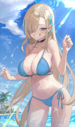 Rule 34 | 1girl, absurdres, alternate costume, asuna (blue archive), bikini, blue archive, blue bikini, blue eyes, blue halo, blue ribbon, blue sky, brown hair, clenched teeth, cloud, commentary request, day, hair over one eye, hair ribbon, halo, highres, long hair, looking at viewer, navel, ocean, outdoors, palm tree, revision, ribbon, side-tie bikini bottom, sitting, sky, smile, standing, sunlight, swimsuit, takeda yousuke, teeth, thighs, tree, very long hair