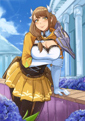 Rule 34 | 1girl, absurdres, arm support, armor, belt, black pantyhose, blue flower, blue sky, braid, breasts, brown belt, brown hair, cleavage, column, commentary request, corset, cowboy shot, day, deliciousbrain, fire emblem, fire emblem engage, flower, garter straps, gloves, goldmary (fire emblem), hair ribbon, highres, large breasts, long hair, looking at viewer, miniskirt, nintendo, outdoors, pantyhose, pillar, pleated skirt, ribbon, shoulder armor, skirt, sky, smile, solo, standing, thighs, white gloves, white ribbon, yellow eyes, yellow skirt