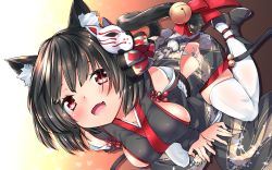 Rule 34 | 1girl, animal ears, azur lane, bell, black hair, blush, breasts, fang, from above, highres, japanese clothes, kimono, lips, looking at viewer, mask, mask on head, open mouth, panties, red eyes, shirasagi rokuwa, short hair, sitting, smile, solo, string panties, tail, thighhighs, underwear, wariza, white panties, white thighhighs, yamashiro (azur lane)