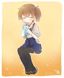 Rule 34 | 1girl, blush, brown hair, cup, drinking, drinking glass, drinking straw, closed eyes, ina (1813576), kaga (kancolle), kantai collection, orange background, side ponytail, sitting, solo