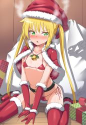 Rule 34 | 1girl, absurdres, bag, bell, belt, bikini, blonde hair, blush, breasts, cape, christmas, collarbone, covered erect nipples, floor, gift, gloves, green eyes, hat, hayate no gotoku!, highres, indoors, kagami (haret46), kneeling, long hair, micro bikini, navel, red bikini, santa bikini, santa costume, santa gloves, santa hat, sanzen&#039;in nagi, shoes, small breasts, solo, stomach, swimsuit, thighhighs, twintails