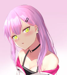 Rule 34 | 1girl, bare shoulders, blush, breasts, choker, cleavage, commentary, dreamoon, gradient background, hair down, hair ornament, hairclip, head tilt, highres, hololive, jacket, long hair, looking at viewer, multicolored hair, multiple piercings, off shoulder, piercing, pink background, pink hair, purple hair, tokoyami towa, virtual youtuber, white background, white jacket, yellow eyes