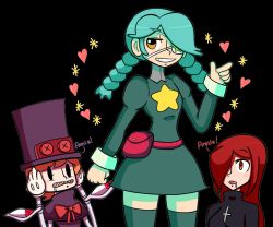 Rule 34 | 3girls, age difference, annie (skullgirls), belt, belt pouch, blush, bow, braid, brown eyes, child, color-bot, cross, cross necklace, dress, extra eyes, eye socket, eyepatch, female focus, gloves, green hair, green legwear, grin, hair over one eye, hat, heart, inverted cross, jewelry, long hair, looking at viewer, mechanical arms, multiple girls, necklace, orange hair, parasoul (skullgirls), peacock (skullgirls), pouch, red eyes, red hair, saliva, sharp teeth, skullgirls, smile, standing, straddling, teeth, thick thighs, thighhighs, thighs, top hat, transparent background, twin braids, yellow eyes